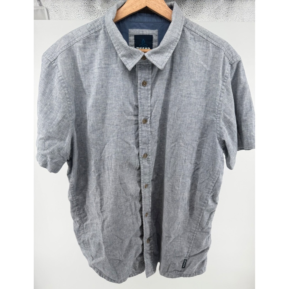 Prana Mens Large Blue‎ Hemp Blend Short Sleeve Button Down Shirt Micro Check